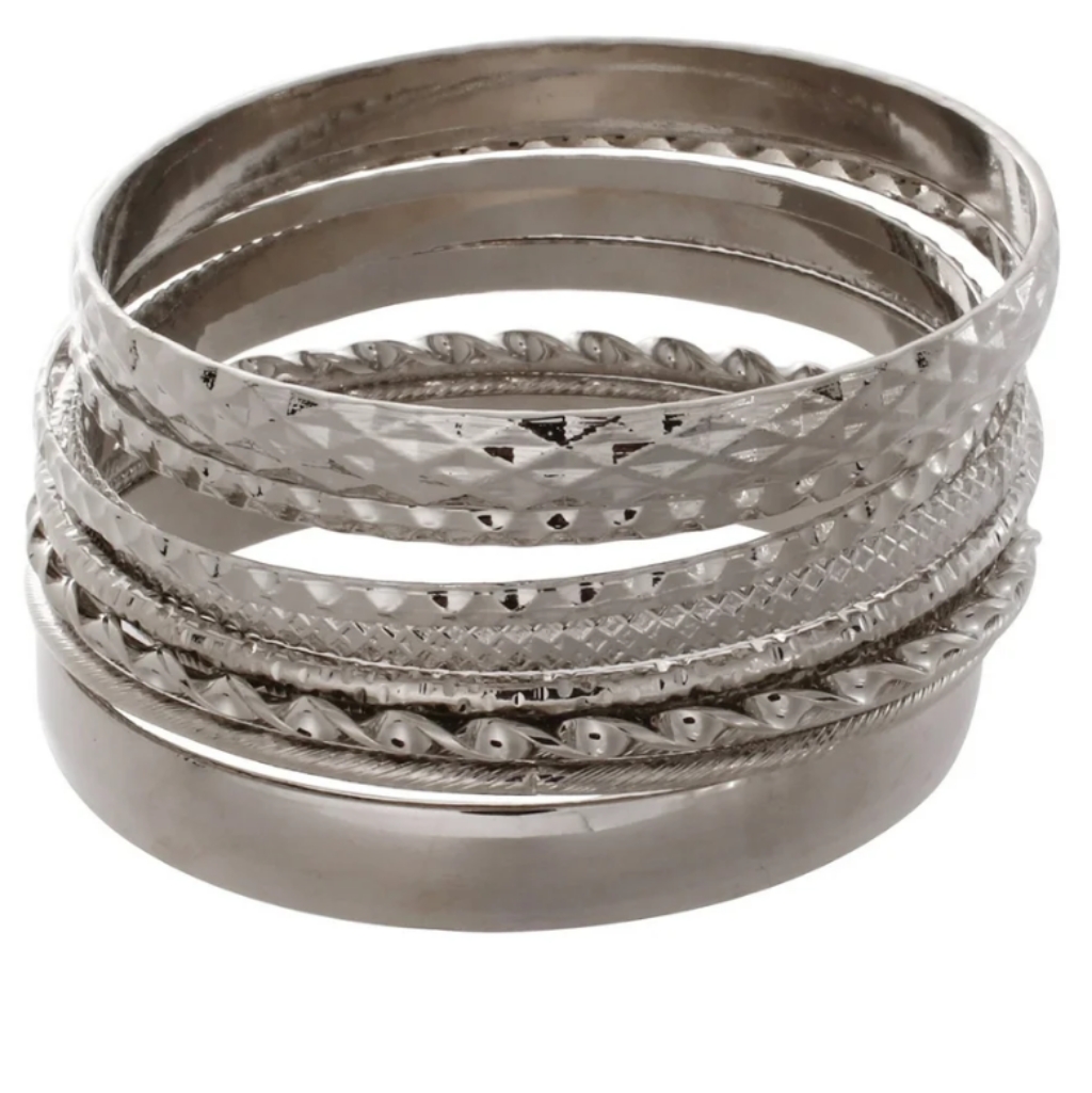 10 Piece Silver Tone Textured Slip On Bracelet Bangle Set Y2k